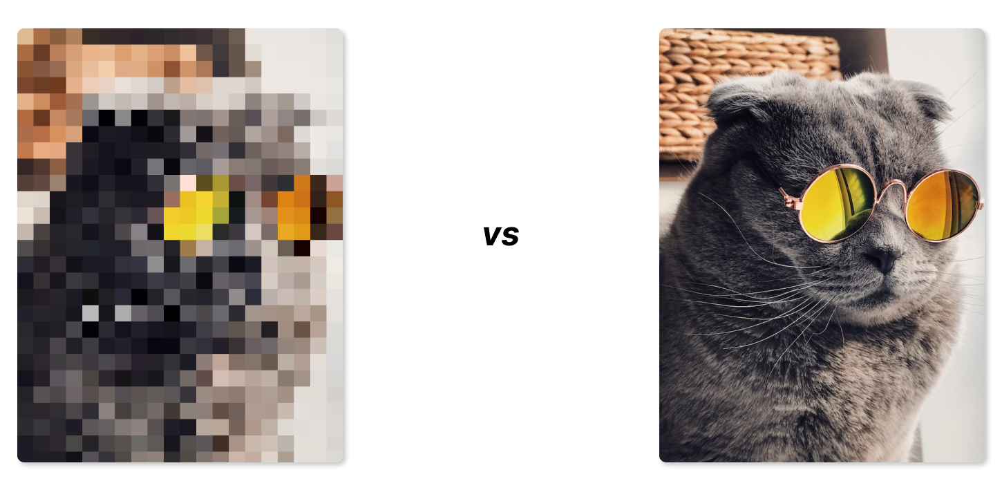 Two photos side-by-side. On the left is a very pixellated photo of a cat wearing sunglasses. On the right is the same photo but crystal clear.