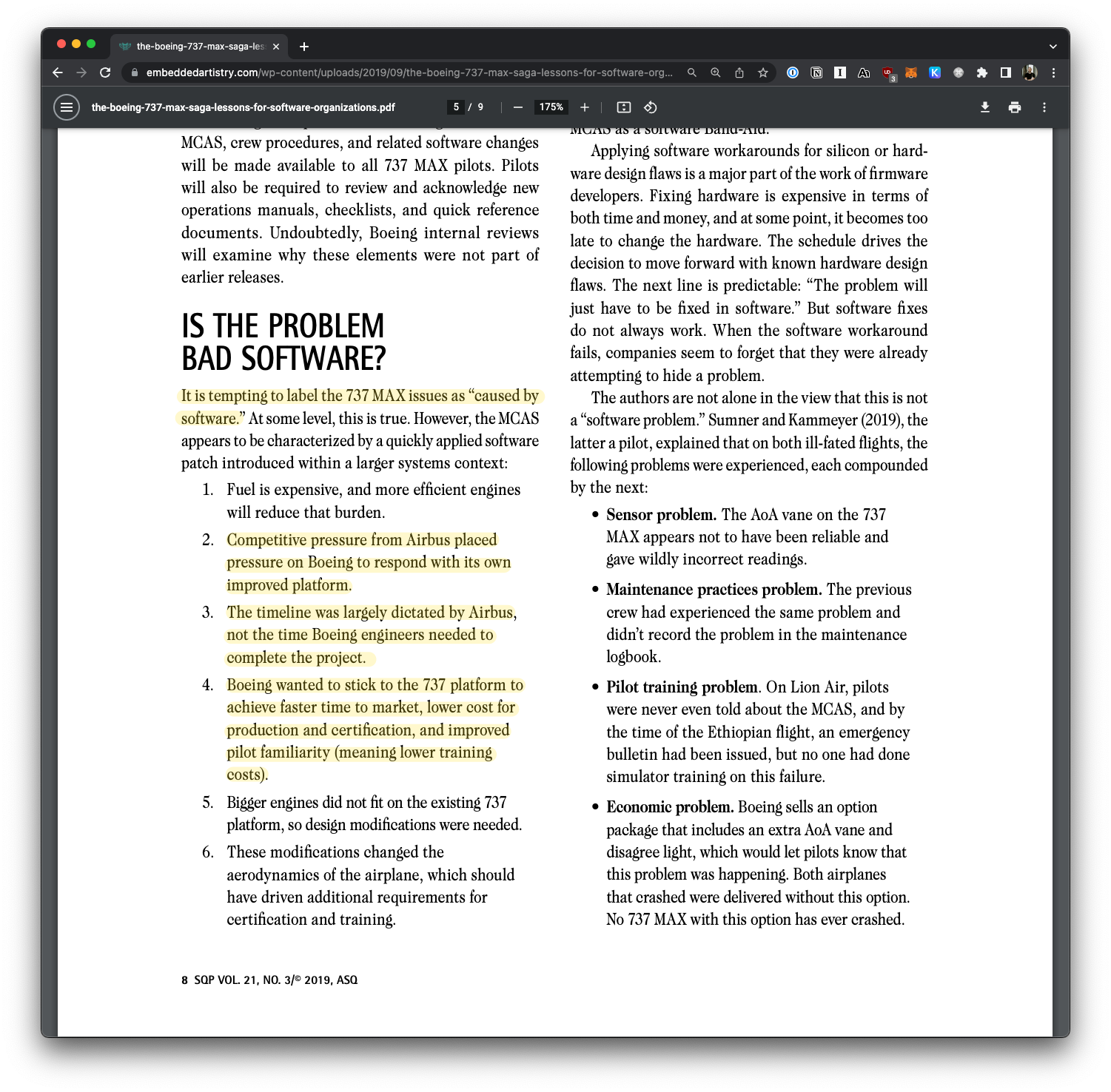 A screenshot of a report covering the factors that led to the Boeing 737 Max crashes, with some passages highlighted.