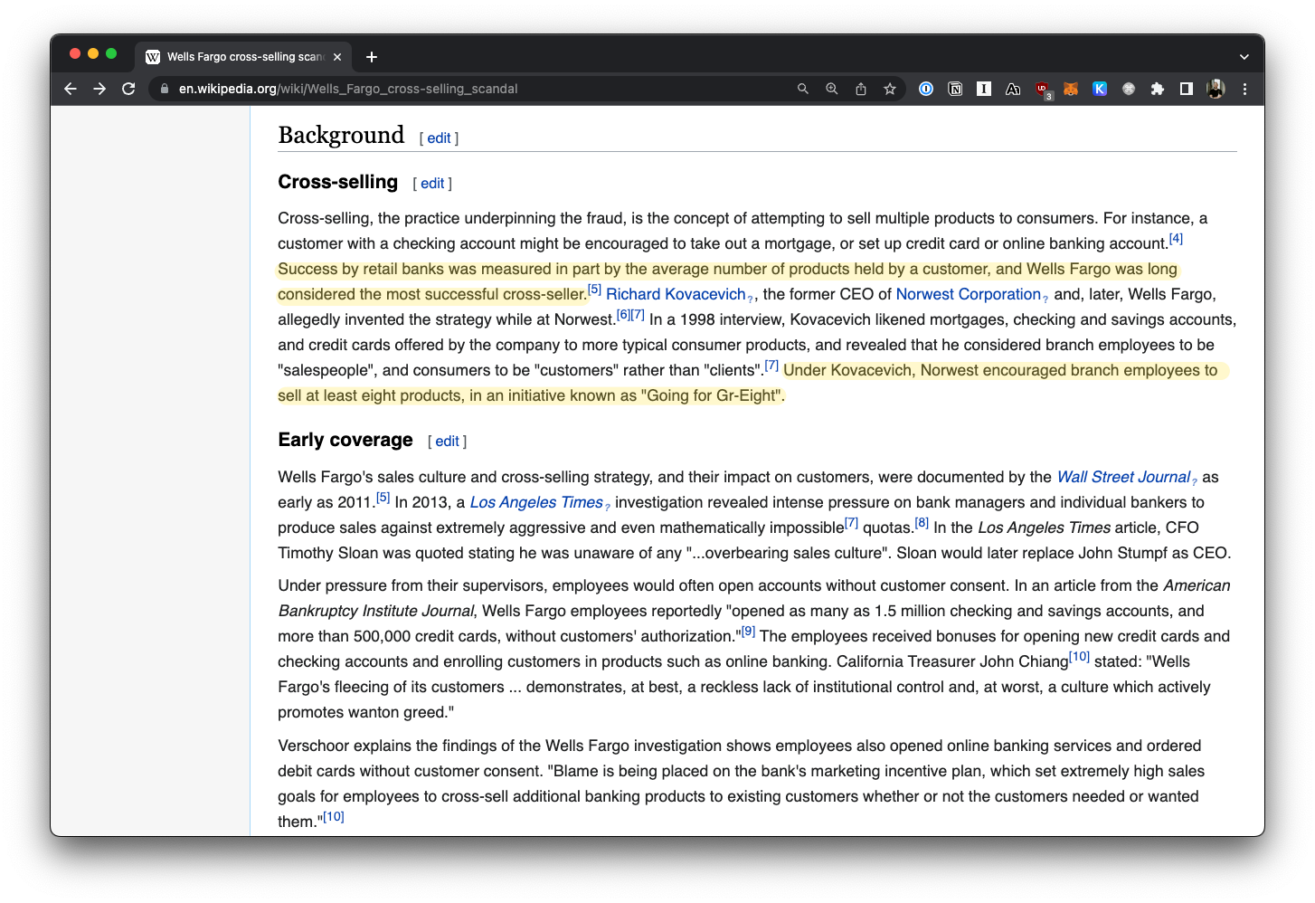 Screenshot of the Wikipedia article covering the Well's Fargo cross-selling scandal, with some passages highlighted.