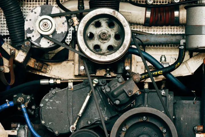 A close-up photograph of a complex engine or machine.